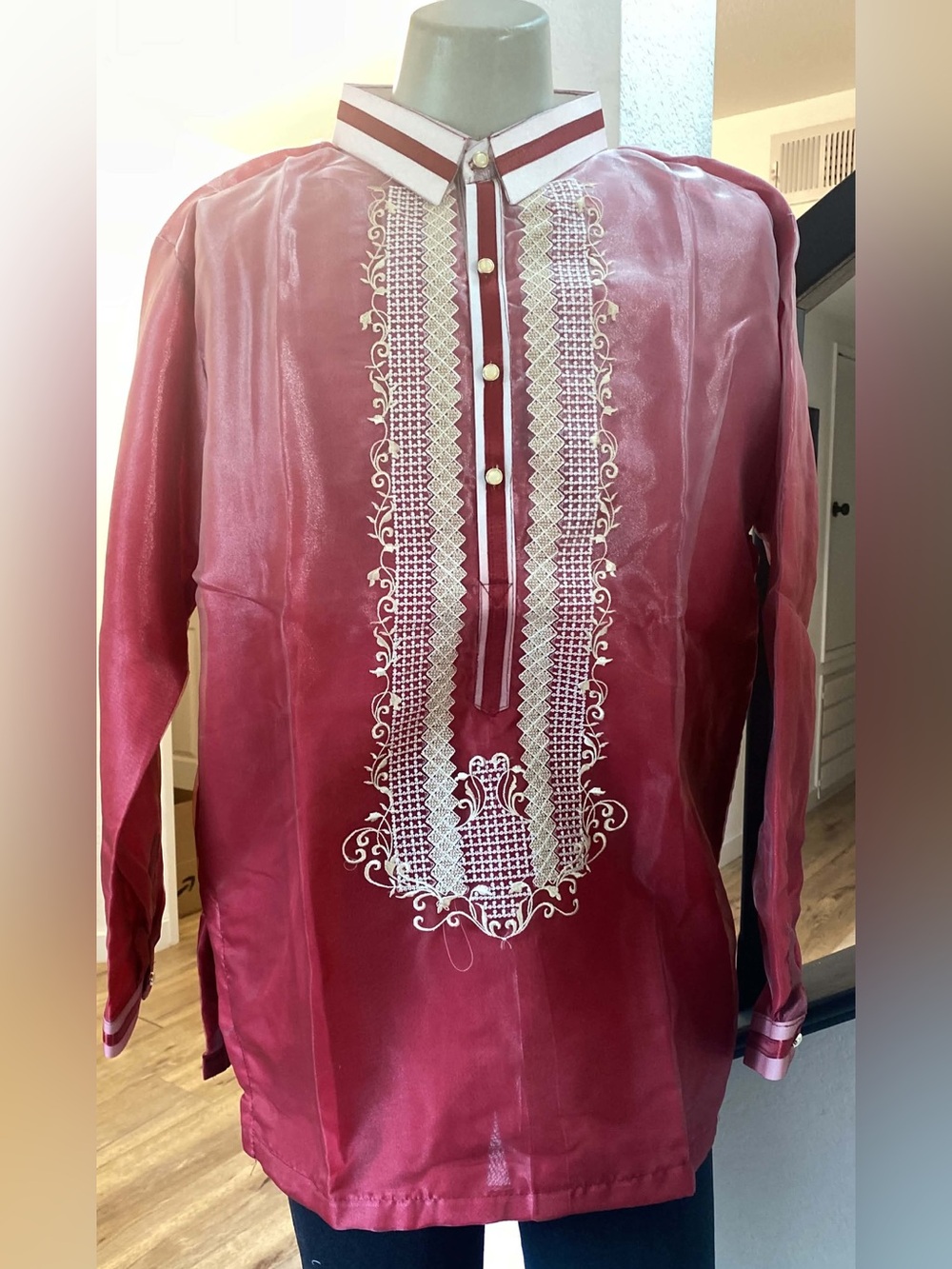 Men's Barong Tagalog Maroon Embroidered Traditional Button-Down Shirt